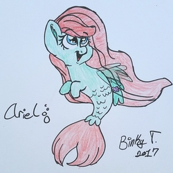 Size: 1694x1694 | Tagged: safe, artist:binkyt11, derpibooru exclusive, pony, seahorse, seapony (g4), ariel, chibi, crossover, disney, ponified, seaponified, solo, species swap, starry eyes, the little mermaid, traditional art, wingding eyes
