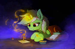 Size: 1219x804 | Tagged: safe, artist:breakdream, lyra heartstrings, pony, unicorn, g4, blanket, candle, chips, eye reflection, female, food, glowing horn, horn, magic, mare, mist, paper, potato chips, reflection, smiling, solo, telekinesis, writing