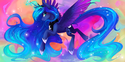 Size: 3464x1732 | Tagged: safe, artist:wilvarin-liadon, princess luna, alicorn, pony, g4, color porn, female, impossibly long hair, impossibly long tail, long mane, long tail, mare, smiling, solo