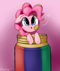Size: 2200x2600 | Tagged: safe, artist:a8f12, pinkie pie, earth pony, pony, g4, :p, adorable face, covered, cute, diapinkes, female, floating heart, food, gradient background, heart, high res, mare, messy, peanut butter, signature, silly, silly pony, solo, tiny, tiny ponies, tongue out