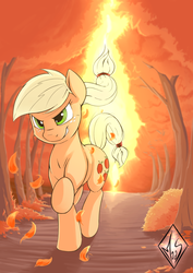 Size: 1240x1748 | Tagged: safe, artist:sea-maas, applejack, earth pony, pony, g4, autumn, female, forest, happy, hatless, light, mare, missing accessory, running, scenery, smiling, smirk, solo, tree