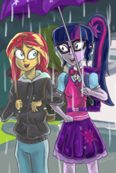 Size: 800x1200 | Tagged: safe, artist:milekhippy, sci-twi, sunset shimmer, twilight sparkle, equestria girls, g4, monday blues, my little pony equestria girls: summertime shorts, clothes, geode of telekinesis, magical geodes, portal, rain, scene interpretation, umbrella