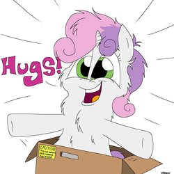 Size: 1200x1200 | Tagged: safe, artist:kdbrony, sweetie belle, pony, g4, box, chest fluff, cute, hug, solo, surprised