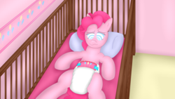 Size: 3840x2160 | Tagged: safe, artist:leadpie, derpibooru exclusive, pinkie pie, pony, g4, crib, diaper, female, high res, mental regression, mind control, non-baby in diaper, solo, swirly eyes