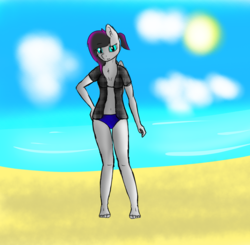 Size: 2286x2241 | Tagged: safe, artist:scarrly, oc, oc only, oc:scarrly, bat pony, anthro, plantigrade anthro, bikini, clothes, female, flannel, high res, ocean, open clothes, open shirt, shirt, solo, swimming, swimsuit