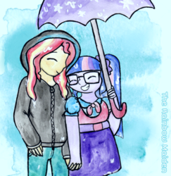 Size: 796x820 | Tagged: safe, artist:therainbowmaiden, sci-twi, sunset shimmer, twilight sparkle, eqg summertime shorts, equestria girls, g4, monday blues, clothes, female, holding hands, hoodie, lesbian, rain, ship:sci-twishimmer, ship:sunsetsparkle, shipping, smiling, traditional art, umbrella, watercolor painting, wet hair