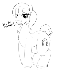 Size: 5000x5974 | Tagged: safe, artist:pabbley, trouble shoes, pony, g4, absurd resolution, dialogue, implied transgender transformation, just my luck, monochrome, rule 63, simple background, solo, troubleheels clara, white background