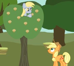 Size: 949x841 | Tagged: safe, artist:alphys1547, applejack, derpy hooves, earth pony, pegasus, pony, g4, female, food, muffin, outdoors, shocked, sweet apple acres, tongue out, tree