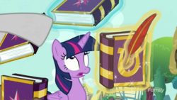 Size: 1920x1080 | Tagged: safe, screencap, twilight sparkle, alicorn, pony, fame and misfortune, g4, book, discovery family logo, twilight sparkle (alicorn)