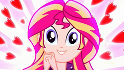 Size: 1920x1080 | Tagged: safe, screencap, sunset shimmer, equestria girls, g4, my little pony equestria girls: summertime shorts, pet project, cute, daaaaaaaaaaaw, female, happy, heart, shimmerbetes, shimmering the gecko, solo, squee