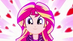 Size: 846x477 | Tagged: safe, screencap, sunset shimmer, equestria girls, g4, my little pony equestria girls: summertime shorts, pet project, cute, filter, happy, heart, shimmerbetes, shimmering the gecko, smiling