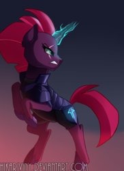 Size: 765x1050 | Tagged: dead source, safe, artist:hikariviny, tempest shadow, pony, unicorn, g4, my little pony: the movie, angry, armor, broken horn, eye scar, female, glowing horn, gritted teeth, horn, looking back, magic, mare, rearing, scar, serious, serious face, solo, sparking horn