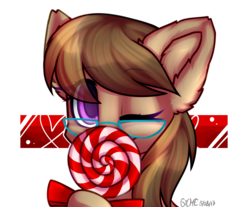 Size: 2415x2000 | Tagged: safe, artist:gicme, oc, oc only, oc:dawnsong, earth pony, pony, bust, candy, colored pupils, cute, ear fluff, female, filly, food, glasses, high res, lollipop, one eye closed, portrait, simple background, solo, transparent background, wink, ych result