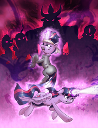 Size: 1493x1950 | Tagged: safe, artist:saturdaymorningproj, king sombra, lord tirek, queen chrysalis, tempest shadow, twilight sparkle, alicorn, pony, g4, my little pony: the movie, duality, future twilight, glowing horn, horn, magic blast, twilight day, twilight sparkle (alicorn)