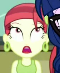 Size: 410x494 | Tagged: safe, screencap, rose heart, human, equestria girls, g4, my little pony equestria girls: summertime shorts, cropped, female, looking up, offscreen character, open mouth, shocked, solo focus