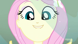 Size: 1280x720 | Tagged: safe, screencap, fluttershy, equestria girls, g4, my little pony equestria girls: summertime shorts, pet project, cute, discovery family logo, faic, female, happy, happyshy, lip bite, looking at you, shyabetes, smiling, solo
