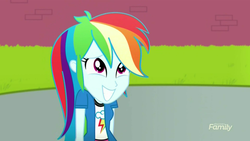 Size: 1396x786 | Tagged: safe, screencap, rainbow dash, equestria girls, g4, my little pony equestria girls: summertime shorts, subs rock, cute, dashabetes, discovery family logo, female, nervous