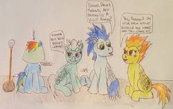 Size: 1238x783 | Tagged: safe, artist:rapidsnap, fleetfoot, rainbow dash, soarin', spitfire, pegasus, pony, g4, annoyed, bemused, chatting, female, hat, hiding, lamp, lampshade, lampshade hat, male, mare, stallion, talking, traditional art, wonderbolts