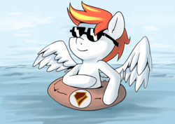 Size: 2484x1756 | Tagged: source needed, safe, artist:alvh-omega, oc, oc only, oc:sunny flare, pegasus, pony, female, mare, solo, sunglasses, swimming pool
