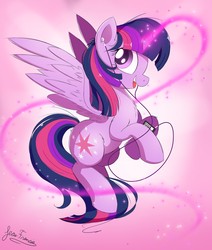Size: 2100x2475 | Tagged: safe, artist:bugplayer, twilight sparkle, alicorn, pony, g4, cute, earbuds, female, glowing horn, high res, horn, looking at you, mare, mp3 player, rearing, signature, smiling, solo, twiabetes, twilight sparkle (alicorn)