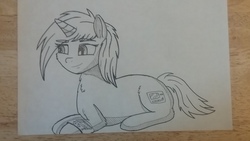 Size: 2560x1440 | Tagged: safe, artist:awesometheweirdo, oc, oc only, oc:littlepip, pony, unicorn, fallout equestria, behaving like a cat, black and white, chest fluff, cute, cutie mark, fanfic, fanfic art, female, fluffy, grayscale, hooves, horn, ink drawing, leg fluff, lying down, mare, monochrome, pipboy, pipbuck, prone, simple background, smiling, solo, traditional art, tsundere, white background