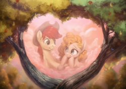 Size: 1200x850 | Tagged: safe, artist:assasinmonkey, bright mac, pear butter, bird, earth pony, pony, g4, the perfect pear, apple tree, cottagecore, cowboy hat, eye contact, female, flower, flower in hair, hat, intertwined trees, looking at each other, male, mare, pear tree, ship:brightbutter, shipping, stallion, straight, tree