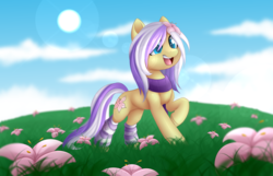 Size: 4200x2712 | Tagged: safe, artist:scarlet-spectrum, oc, oc only, oc:azalea floria, pony, clothes, cloud, commission, cute, female, flower, flower in hair, mare, outdoors, sky, slender, smiling, socks, solo, stockings, striped socks, sun, thigh highs, thin