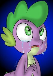 Size: 900x1273 | Tagged: safe, artist:emositecc, spike, dragon, g4, crying, fangs, gradient background, male, open mouth, solo