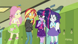 Size: 800x450 | Tagged: safe, edit, edited screencap, screencap, fluttershy, pinkie pie, rarity, sunset shimmer, twilight sparkle, equestria girls, g4, monday blues, my little pony equestria girls: summertime shorts, animated, canterlot high, female, geode of fauna, geode of shielding, geode of sugar bombs, geode of telekinesis, gif, magical geodes, nope, pinkamena diane pie