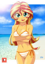 Size: 707x1000 | Tagged: safe, artist:uotapo, sunset shimmer, equestria girls, adorasexy, beach, beach babe, belly button, bicolor swimsuit, bikini, bikini babe, blushing, breasts, busty sunset shimmer, cleavage, clothes, cute, female, looking at you, orange swimsuit, patreon, patreon logo, praise the sunset, sexy, shimmerbetes, side-tie bikini, smiling, solo, string bikini, striped swimsuit, swimsuit, underass, uotapo is trying to murder us, water