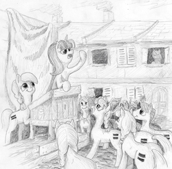 Size: 1005x986 | Tagged: safe, artist:t72b, derpibooru exclusive, starlight glimmer, pony, g4, the cutie map, background pony, banner, building, communism, equal cutie mark, jim jones, jonestown, monochrome, our town, smiling, stalin glimmer, traditional art