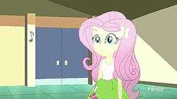 Size: 365x205 | Tagged: safe, screencap, fluttershy, equestria girls, g4, my little pony equestria girls: summertime shorts, pet project, animated, cute, discovery family logo, excited, female, gif, shyabetes