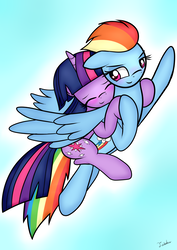 Size: 2480x3507 | Tagged: safe, artist:twidasher, rainbow dash, twilight sparkle, pegasus, pony, unicorn, fanfic:flying high falling hard, g4, blushing, duo, duo female, eyes closed, fanfic, fanfic art, female, flying, high res, holding hooves, horn, lesbian, mare, ponies riding ponies, riding, ship:twidash, shipping, spread wings, twilight riding rainbow dash, unicorn twilight, wings