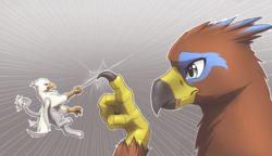 Size: 3600x2070 | Tagged: safe, artist:mykegreywolf, oc, oc only, oc:der, oc:saewin, griffon, commission, cute, fight, griffon oc, high res, looking at each other, micro, toothpick, weapon