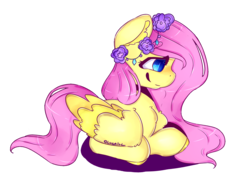 Size: 1519x1154 | Tagged: safe, artist:yunieelloa, fluttershy, pegasus, pony, g4, female, floral head wreath, flower, mare, prone, simple background, solo, transparent background