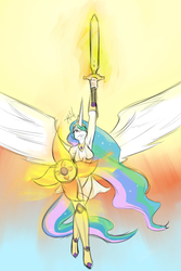 Size: 800x1200 | Tagged: safe, artist:project00wolfen, princess celestia, alicorn, anthro, g4, armor, armpits, clothes, colored sketch, crown, jewelry, large wings, looking up, regalia, shield, spread wings, sword, weapon, wings