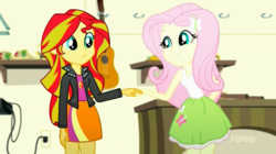 Size: 1366x766 | Tagged: safe, screencap, fluttershy, sunset shimmer, eqg summertime shorts, equestria girls, g4, pet project, clothes, cute, cutie mark on clothes, female, fluttershy's skirt, holding hands, legs together, shimmerbetes, shyabetes