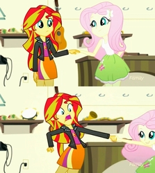Size: 1366x1534 | Tagged: safe, edit, screencap, fluttershy, sunset shimmer, eqg summertime shorts, equestria girls, g4, pet project, collage, holding hands, lip bite, pure unfiltered evil, pure unfiltered horror