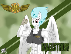 Size: 1024x768 | Tagged: safe, artist:sanyo2100, oc, oc only, oc:maelstrom (sanyo2100), pegasus, anthro, anthro oc, bandage, breasts, large wings, looking at you, muscles, rule 63, smiling, smirk, wings