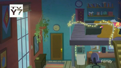 Size: 1600x900 | Tagged: safe, screencap, sunset shimmer, equestria girls, g4, monday blues, my little pony equestria girls: summertime shorts, bed hair, christmas lights, discovery family logo, music video, solo, sunset's apartment, tv-y7