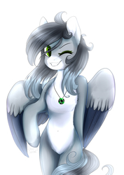 Size: 2827x4000 | Tagged: safe, artist:whiteliar, oc, oc only, pegasus, anthro, female, one eye closed, simple background, solo, wink