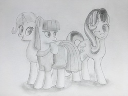 Size: 4032x3024 | Tagged: safe, artist:optic-rainfall, maud pie, starlight glimmer, trixie, earth pony, pony, unicorn, g4, monochrome, one eye closed, traditional art, trio, wink