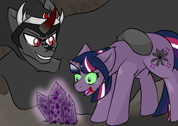 Size: 1414x1000 | Tagged: safe, artist:jolliapplegirl, king sombra, twilight sparkle, pony, unicorn, dark star au, g4, alternate cutie mark, alternate timeline, alternate universe, crystal, crystal war timeline, dark crystal, dark magic, magic, sombra eyes, story included