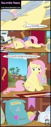 Size: 2494x6201 | Tagged: safe, artist:toxic-mario, fluttershy, pegasus, pony, discordant harmony, g4, bag, clothes, comic, female, fluttershy's cottage, food, ripping clothes, shirt, tired