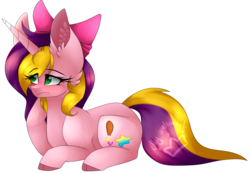 Size: 2508x1745 | Tagged: safe, artist:alithecat1989, oc, oc only, oc:painter star, pony, unicorn, bow, female, hair bow, mare, prone, simple background, solo, transparent background
