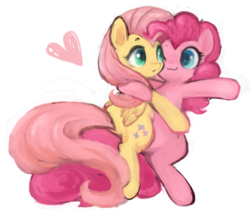 Size: 690x593 | Tagged: safe, artist:kei05, fluttershy, pinkie pie, earth pony, pegasus, pony, g4, bipedal, cute, female, heart, hug, lesbian, mare, ship:flutterpie, shipping, simple background, white background