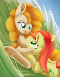 Size: 977x1266 | Tagged: safe, artist:dusthiel, bright mac, pear butter, earth pony, pony, g4, the perfect pear, cuddling, duo, duo male and female, female, grass, looking at each other, looking at someone, male, mare, ship:brightbutter, shipping, smiling, smiling at each other, stallion, straight, underhoof