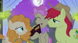 Size: 1920x1080 | Tagged: safe, screencap, bright mac, mayor mare, pear butter, earth pony, pony, g4, the perfect pear, animated, eyes closed, female, husband and wife, kiss on the lips, kissing, love, male, mare in the moon, marriage, married couple, moon, non-dyed mayor, ship:brightbutter, shipping, sound, webm, wedding, younger