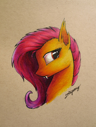 Size: 750x1000 | Tagged: safe, artist:lollipony, fluttershy, bat pony, pony, g4, bust, colored pencil drawing, fangs, female, flutterbat, ink, looking away, looking sideways, portrait, profile, race swap, solo, traditional art