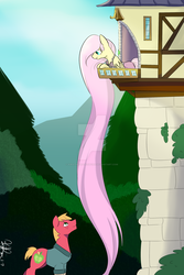 Size: 1024x1536 | Tagged: safe, artist:kirathedragonborn, big macintosh, fluttershy, earth pony, pegasus, pony, g4, clothes, female, looking at each other, male, mare, profile, rapunzel, ship:fluttermac, shipping, stallion, straight, tower, watermark